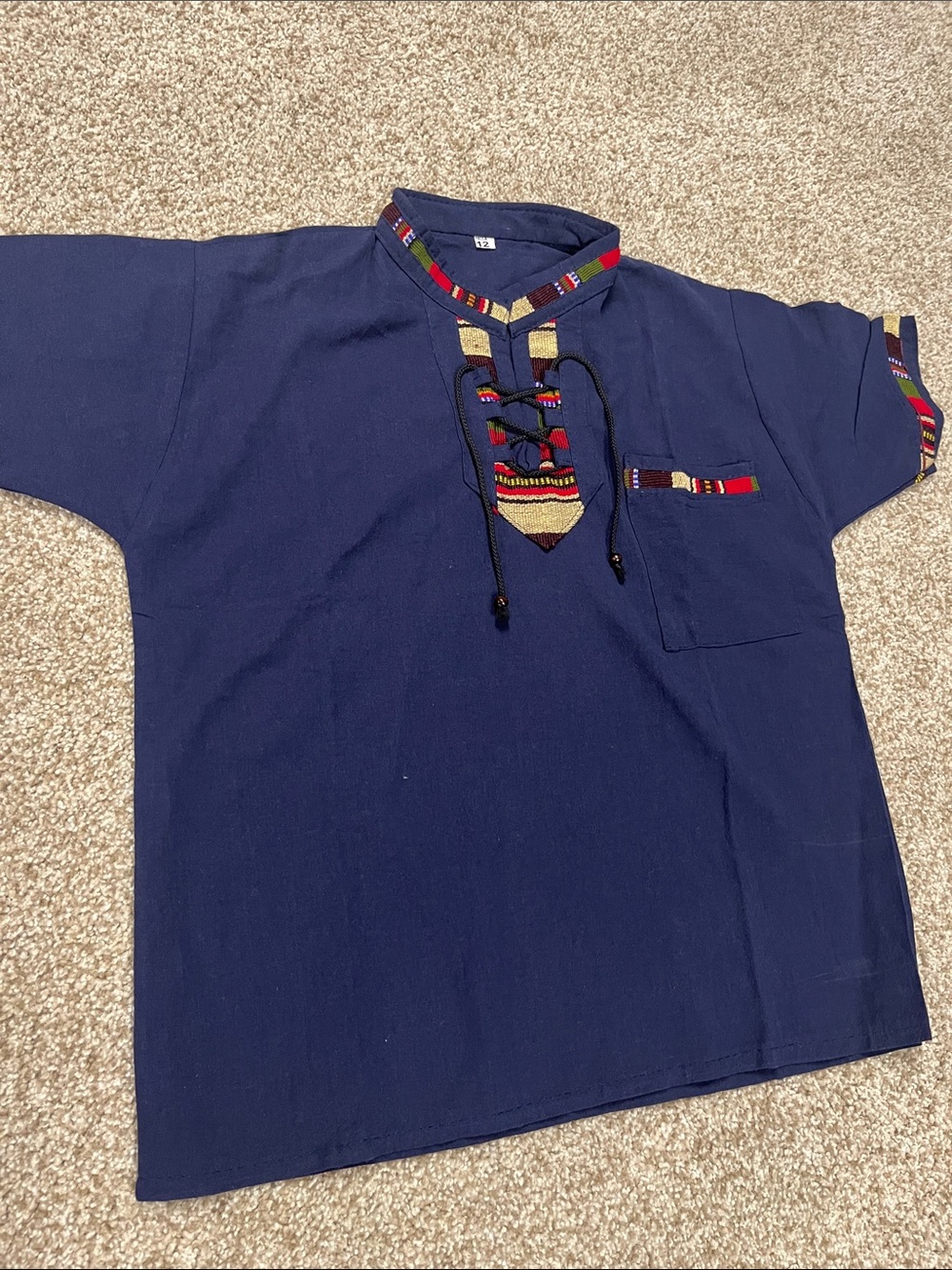 Guatemalan Navy Boho Lace-Up Pullover with Multicolor Trim size 12